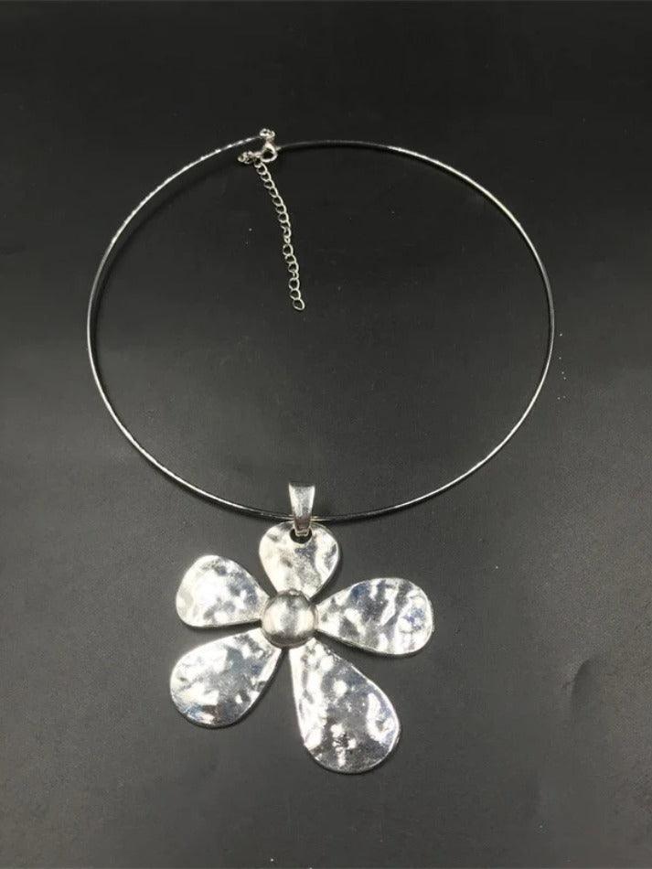 Silver large flower pendant necklace