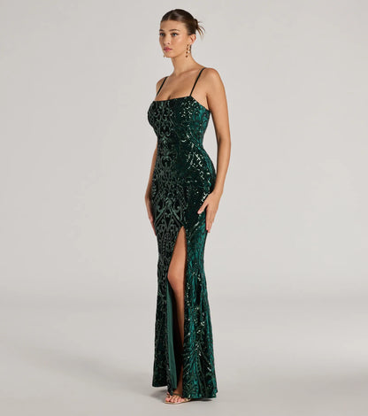 Lilia Sequin Velvet High Slit Column Dress