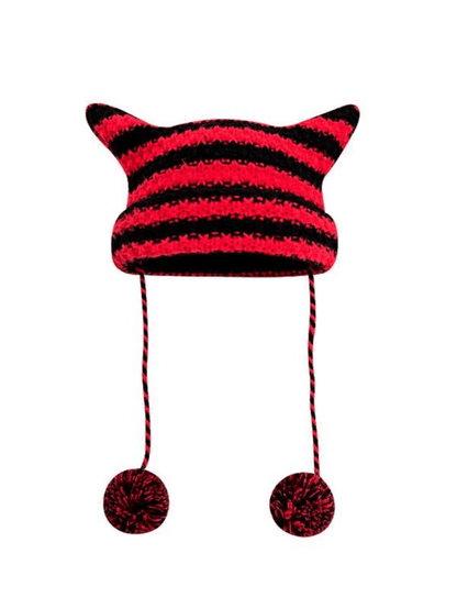 Striped Knitted Hat with Horn Detail