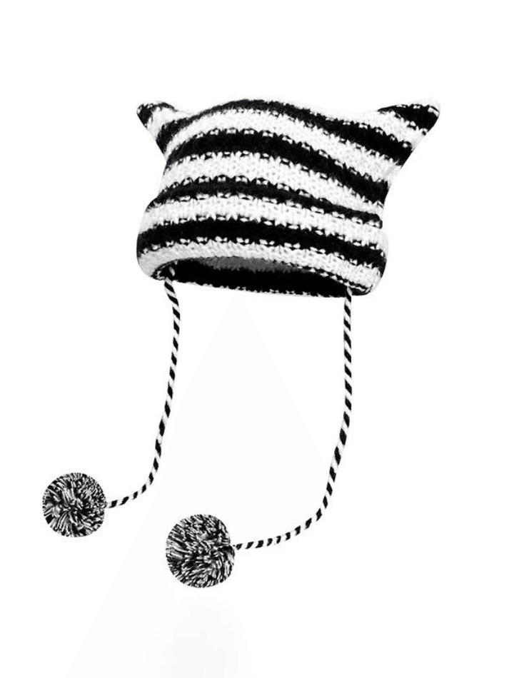 Striped Knitted Hat with Horn Detail
