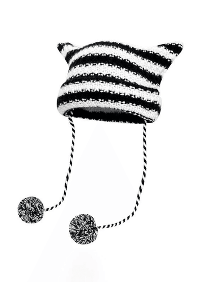 Striped Knitted Hat with Horn Detail