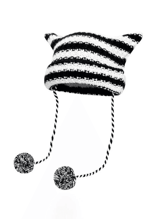 Striped Knitted Hat with Horn Detail