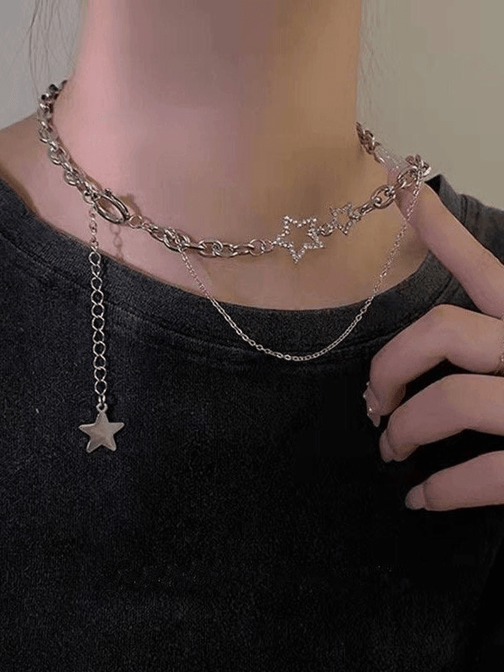 Layered Chain Necklace with Rhinestone Star Decor