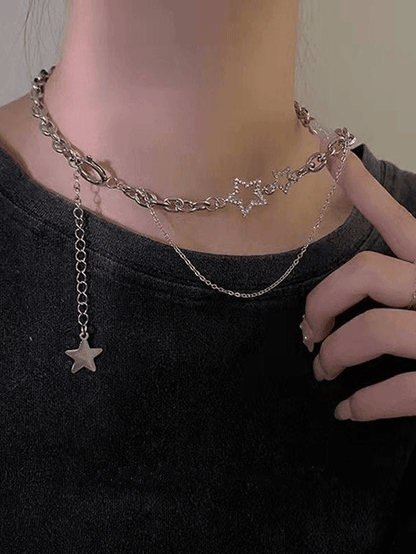Layered Chain Necklace with Rhinestone Star Decor