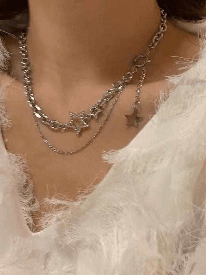 Layered Chain Necklace with Rhinestone Star Decor