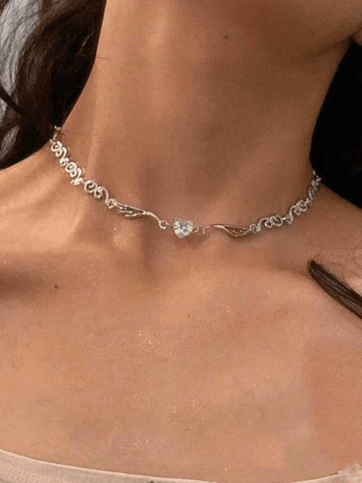 Rhinestone Angel Wing Heart Necklace