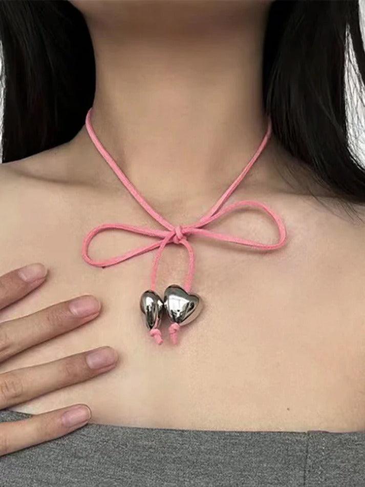 Heart Charm Necklace with Lace-Up Knot