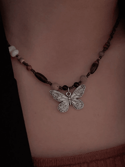 Vintage Bead Stone Butterfly Necklace