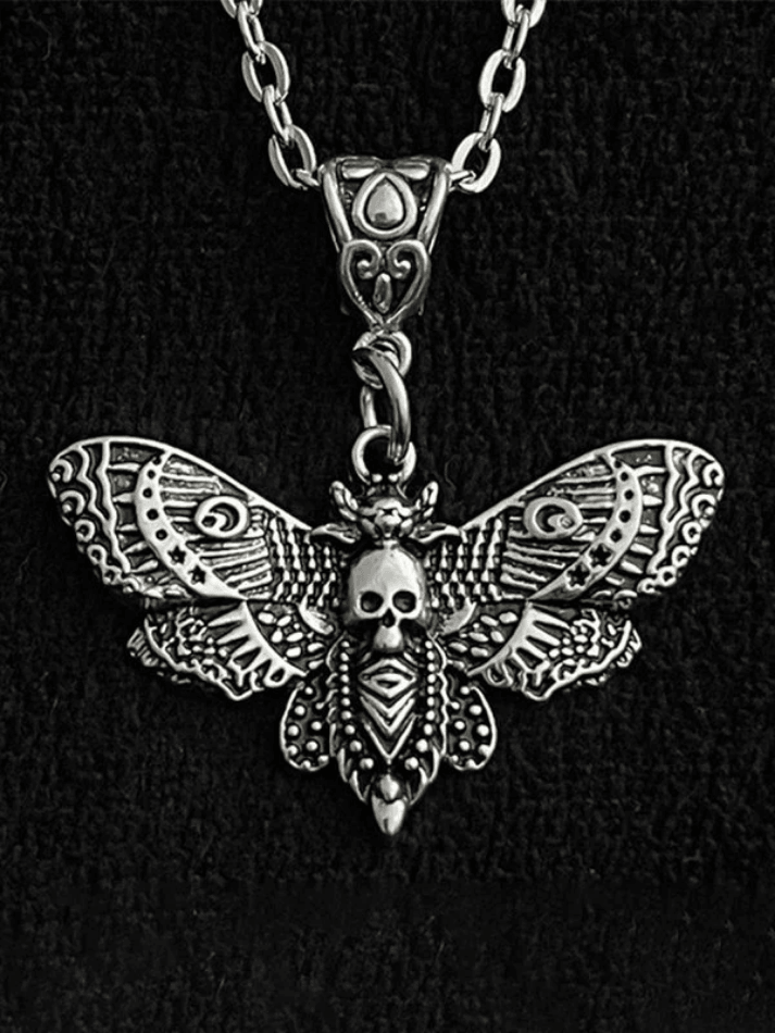 Silver Moth Skull Pendant Necklace