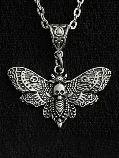 Silver Moth Skull Pendant Necklace