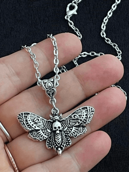 Silver Moth Skull Pendant Necklace