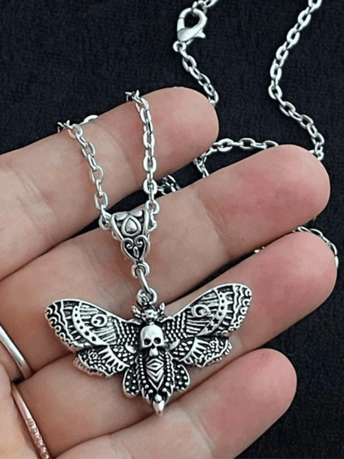 Silver Moth Skull Pendant Necklace