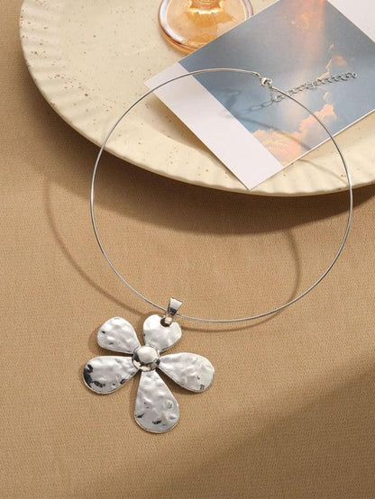 Silver large flower pendant necklace