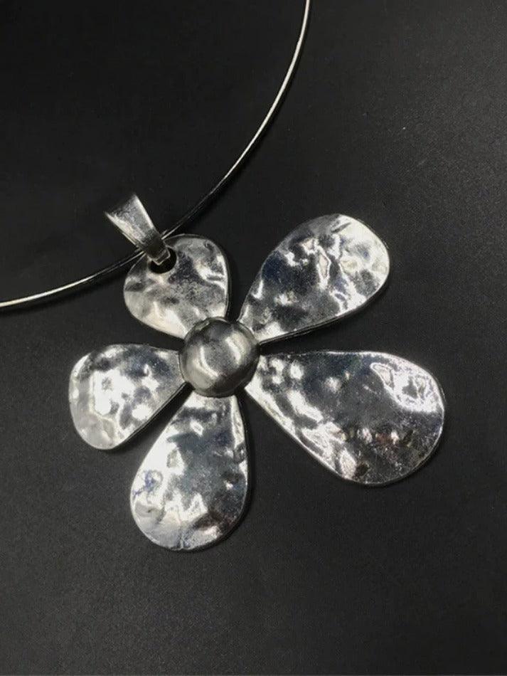 Silver large flower pendant necklace