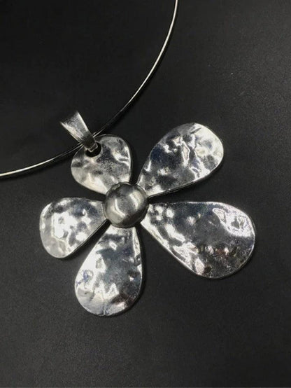 Silver large flower pendant necklace