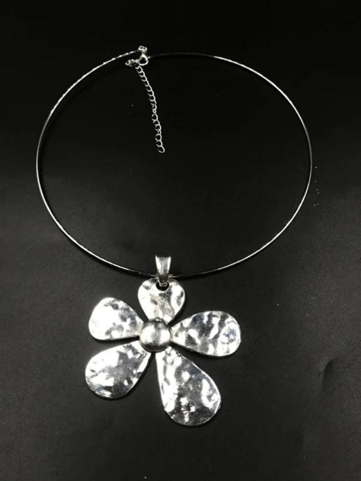 Silver large flower pendant necklace