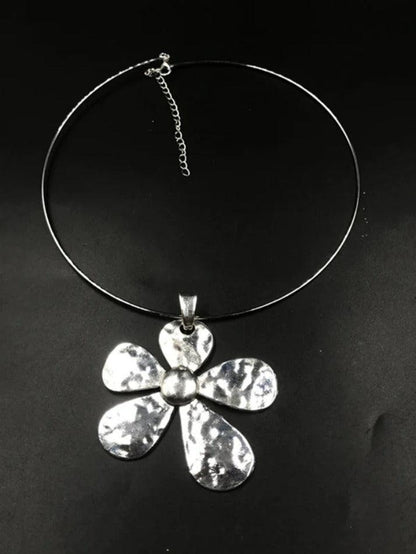 Silver large flower pendant necklace