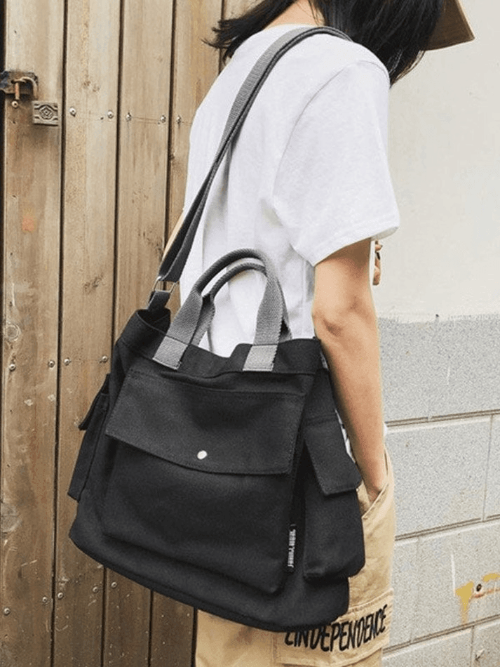 Large canvas shoulder bag with pocket