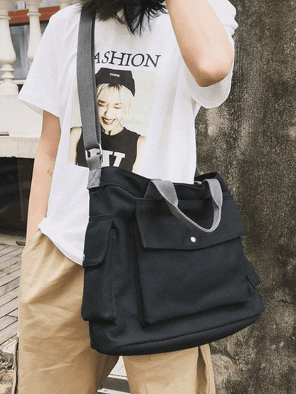 Large canvas shoulder bag with pocket