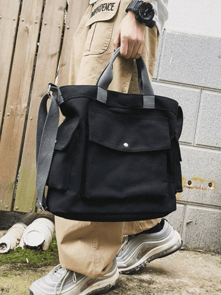 Large canvas shoulder bag with pocket
