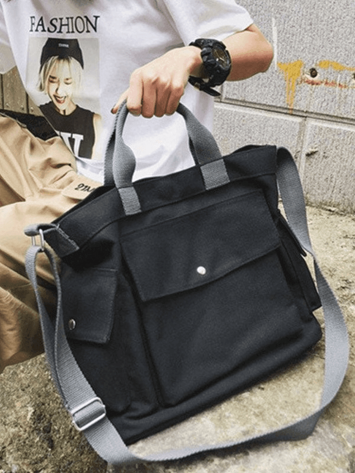 Large canvas shoulder bag with pocket