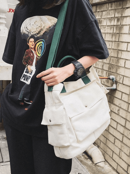Large canvas shoulder bag with pocket