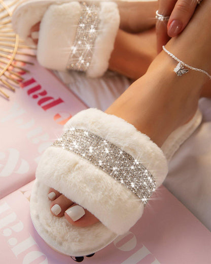 Rhinestone Fluff Flat Slippers