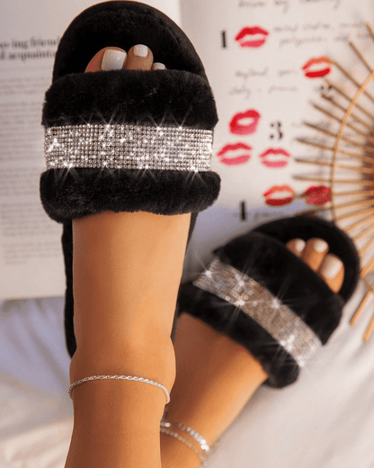 Rhinestone Fluff Flat Slippers