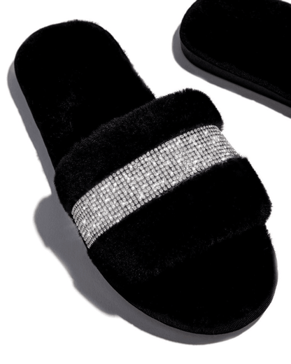 Rhinestone Fluff Flat Slippers