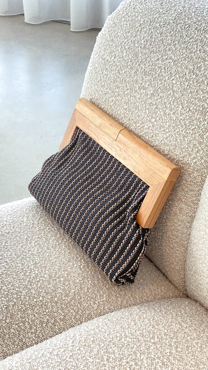 Zoey Thin Stripe Timber Frame Clutch - Black