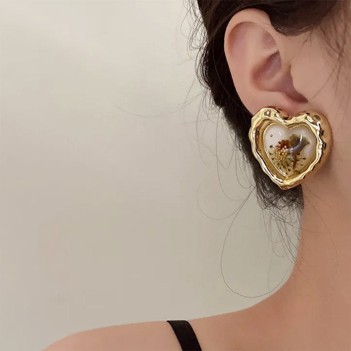 Pressed Flower Vintage Heart Earrings
