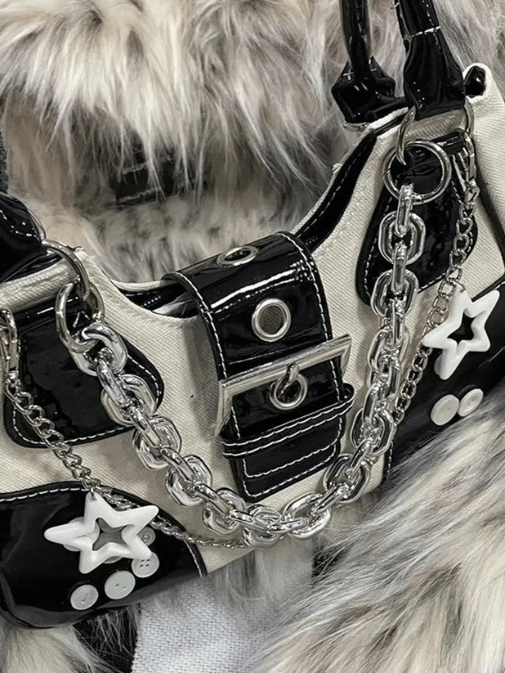 Star Chain Embellished Patchwork Buckle Shoulder Bag