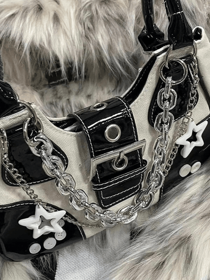 Star Chain Embellished Patchwork Buckle Shoulder Bag