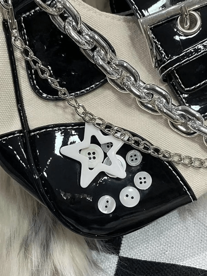 Star Chain Embellished Patchwork Buckle Shoulder Bag