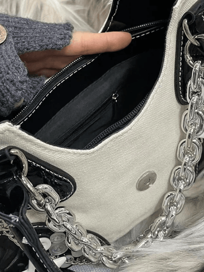 Star Chain Embellished Patchwork Buckle Shoulder Bag