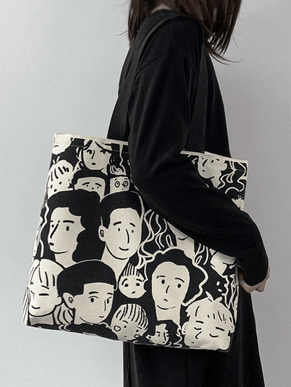 Monochrome Face Print Canvas Tote Bag