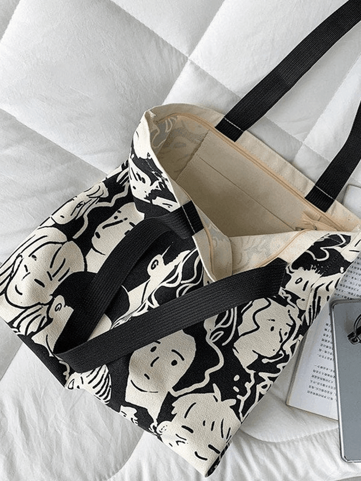 Monochrome Face Print Canvas Tote Bag
