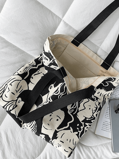 Monochrome Face Print Canvas Tote Bag