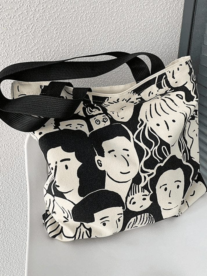 Monochrome Face Print Canvas Tote Bag