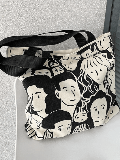 Monochrome Face Print Canvas Tote Bag