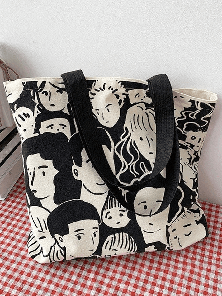 Monochrome Face Print Canvas Tote Bag