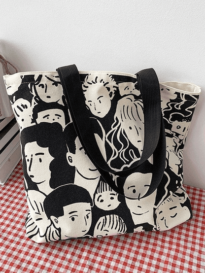 Monochrome Face Print Canvas Tote Bag