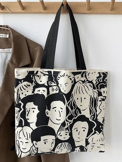 Monochrome Face Print Canvas Tote Bag