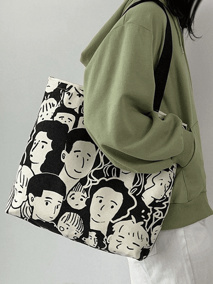 Monochrome Face Print Canvas Tote Bag