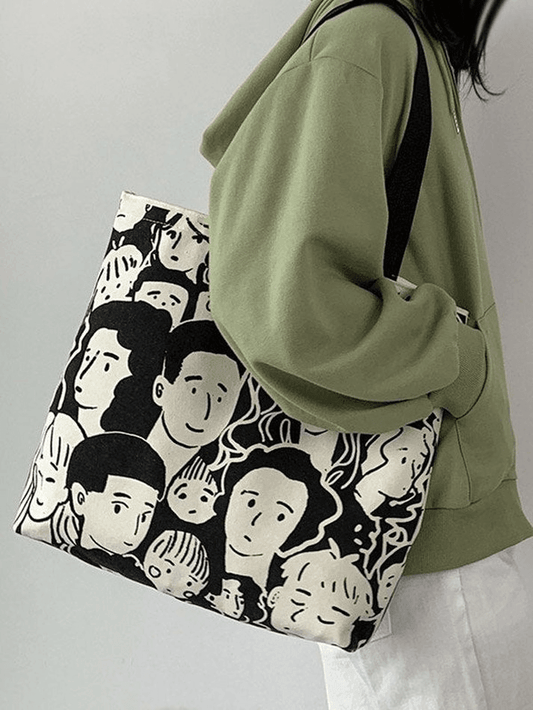 Monochrome Face Print Canvas Tote Bag